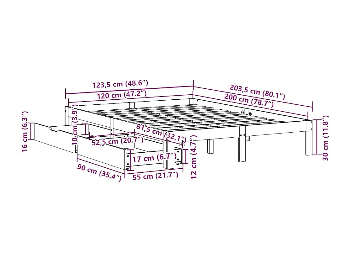 Letto per adulti | Letto singolo | Giroletto con Cassetti Bianco 120x200 cm Legno Massello di Pino