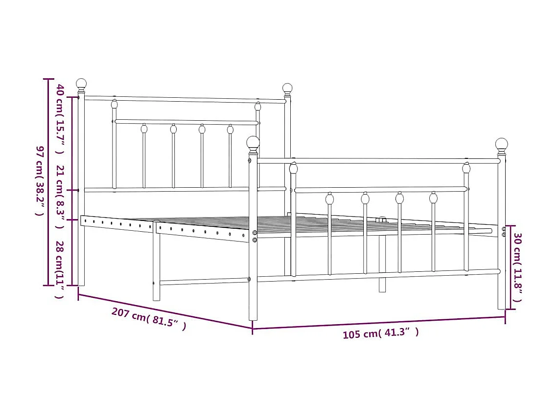 Letto per adulti | Letto singolo | Giroletto con Testiera e Pediera Metallo Nero 100x200 cm
