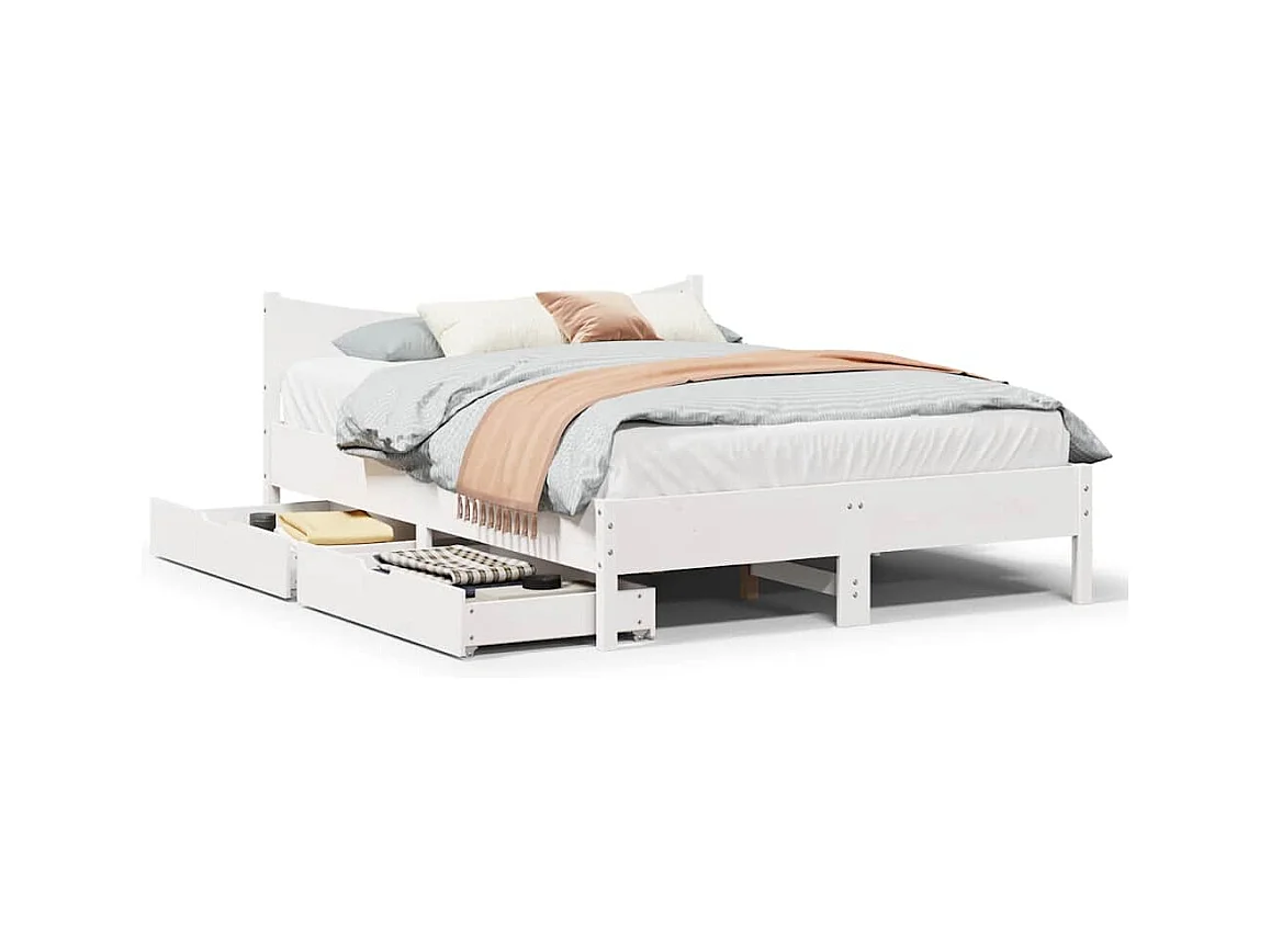 Letto per adulti | Letto matrimoniale | Giroletto con Cassetti Bianco 150x200 cm Legno Massello di Pino