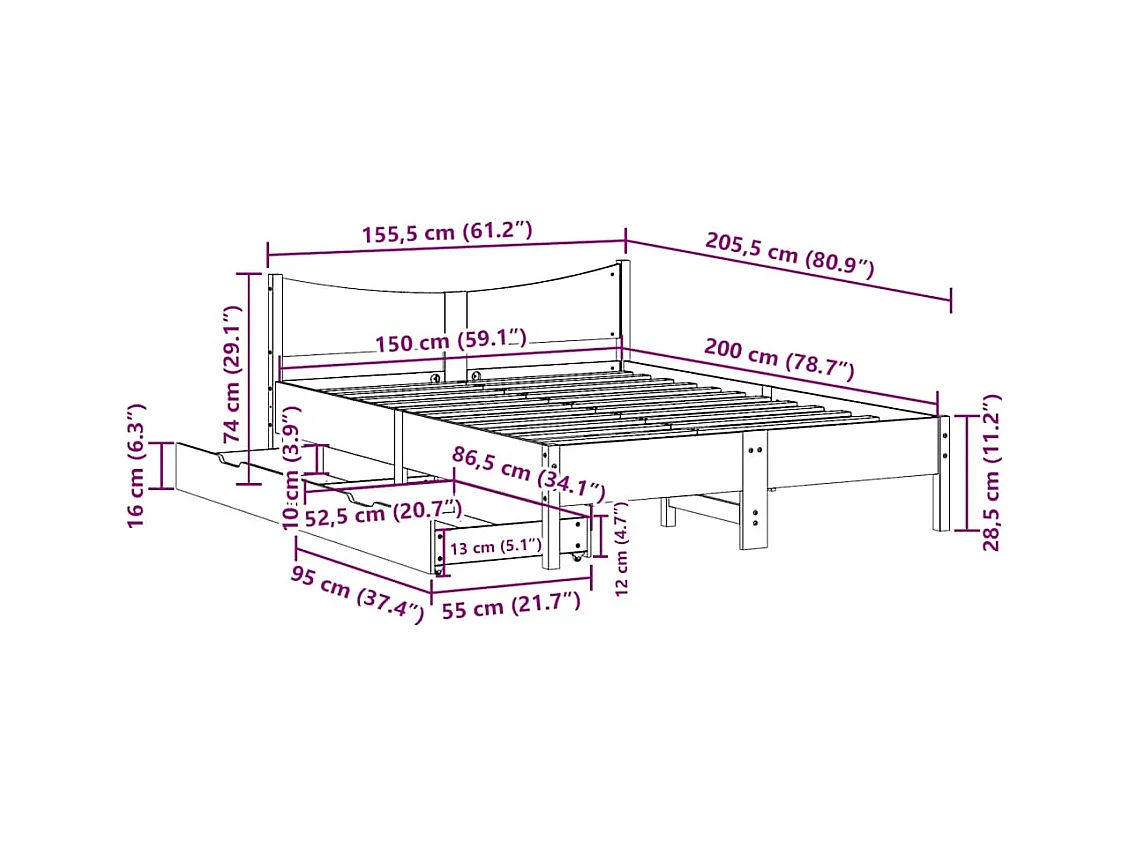 Letto per adulti | Letto matrimoniale | Giroletto con Cassetti Bianco 150x200 cm Legno Massello di Pino