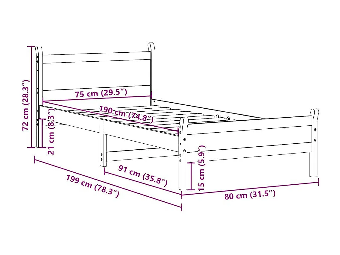 Lit simple | Lit adulte, enfant | Cadre de lit cire marron 75x190 cm bois pin massif