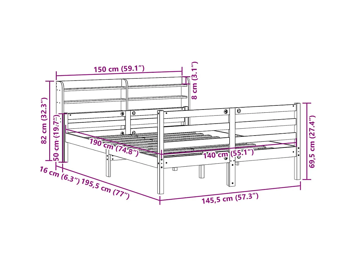 Letto per adulti | Letto matrimoniale | Giroletto con Testiera 140x190 cm in Legno Massello di Pino