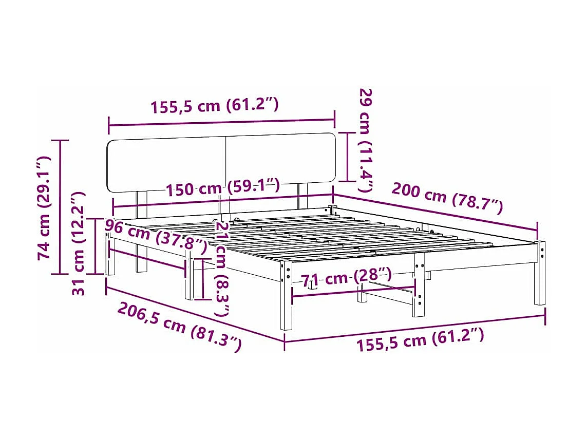 Lit double | Lit adulte | Cadre de lit Naturel 150x200 cm Bois massif en pin
