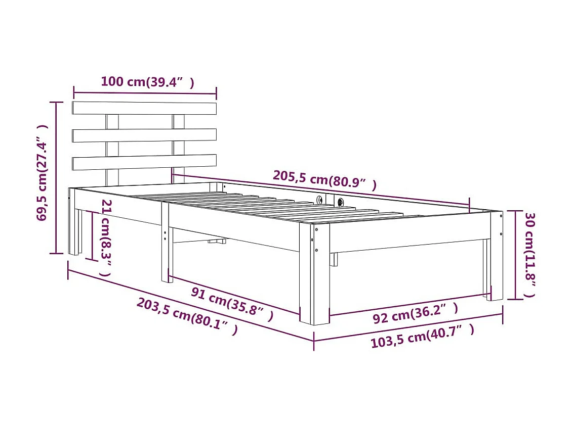 Lit simple | Lit adulte, enfant | Cadre de lit blanc bois massif 100x200 cm