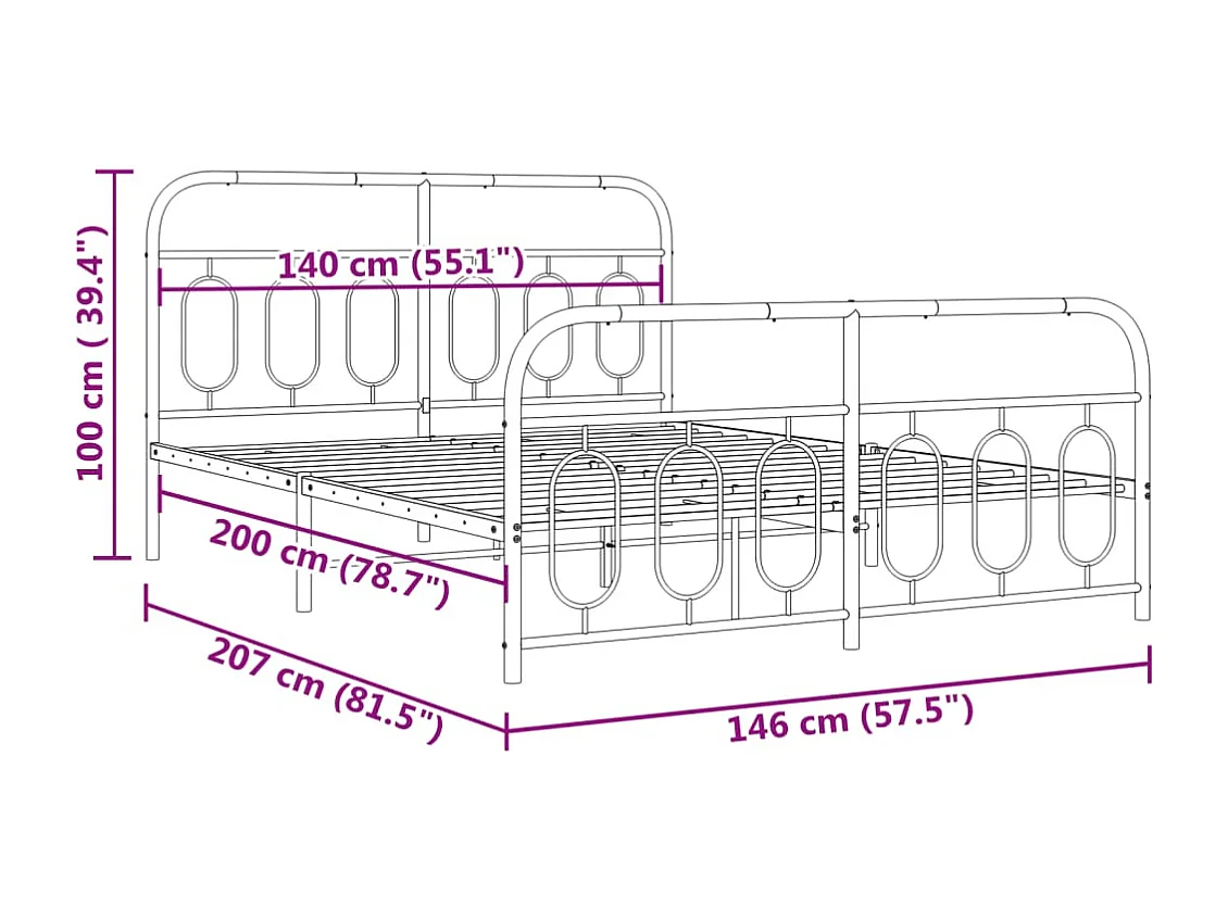 Lit double | Lit adulte | Cadre de lit métal et pied de lit blanc 140x200 cm