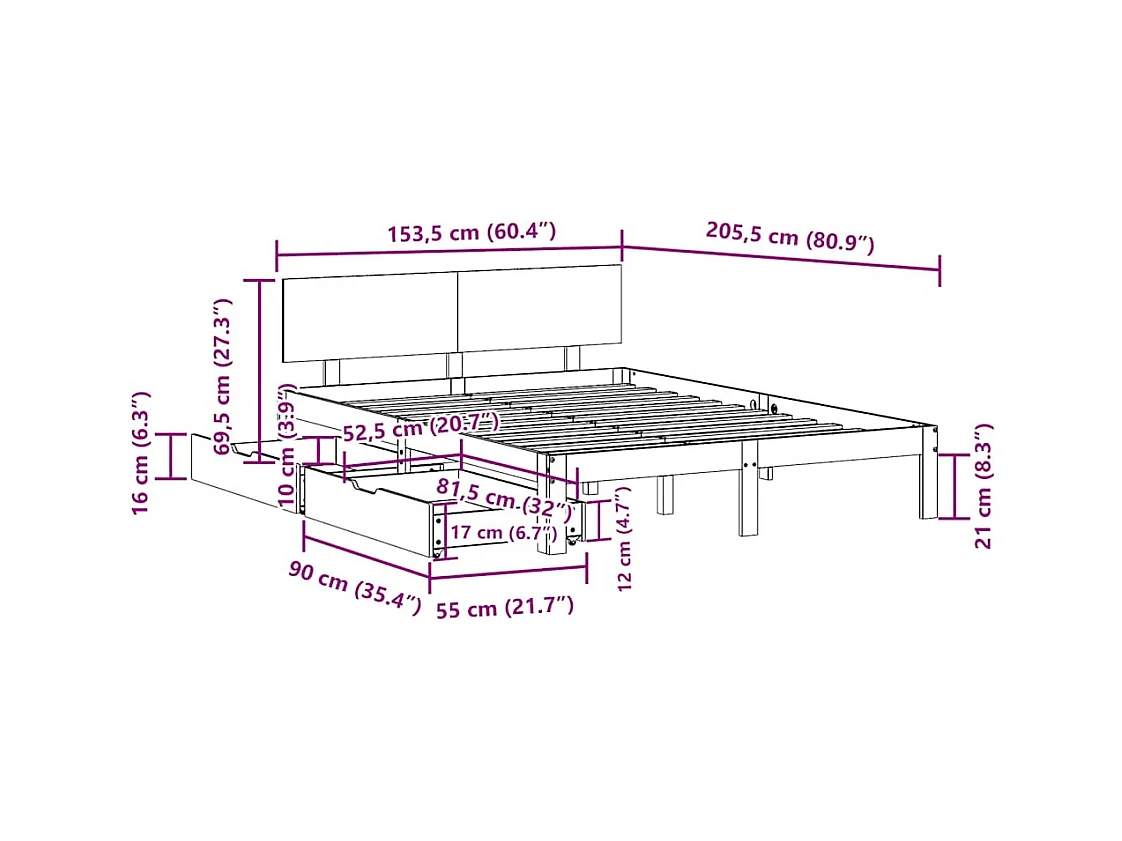 Letto per adulti | Letto matrimoniale | Giroletto con Cassetti Bianco 150x200 cm Legno Massello di Pino