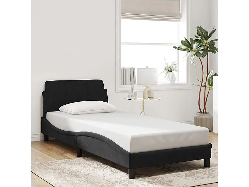 Lit simple | Lit adulte, enfant | Cadre de lit et tête de lit noir 90x190 cm velours