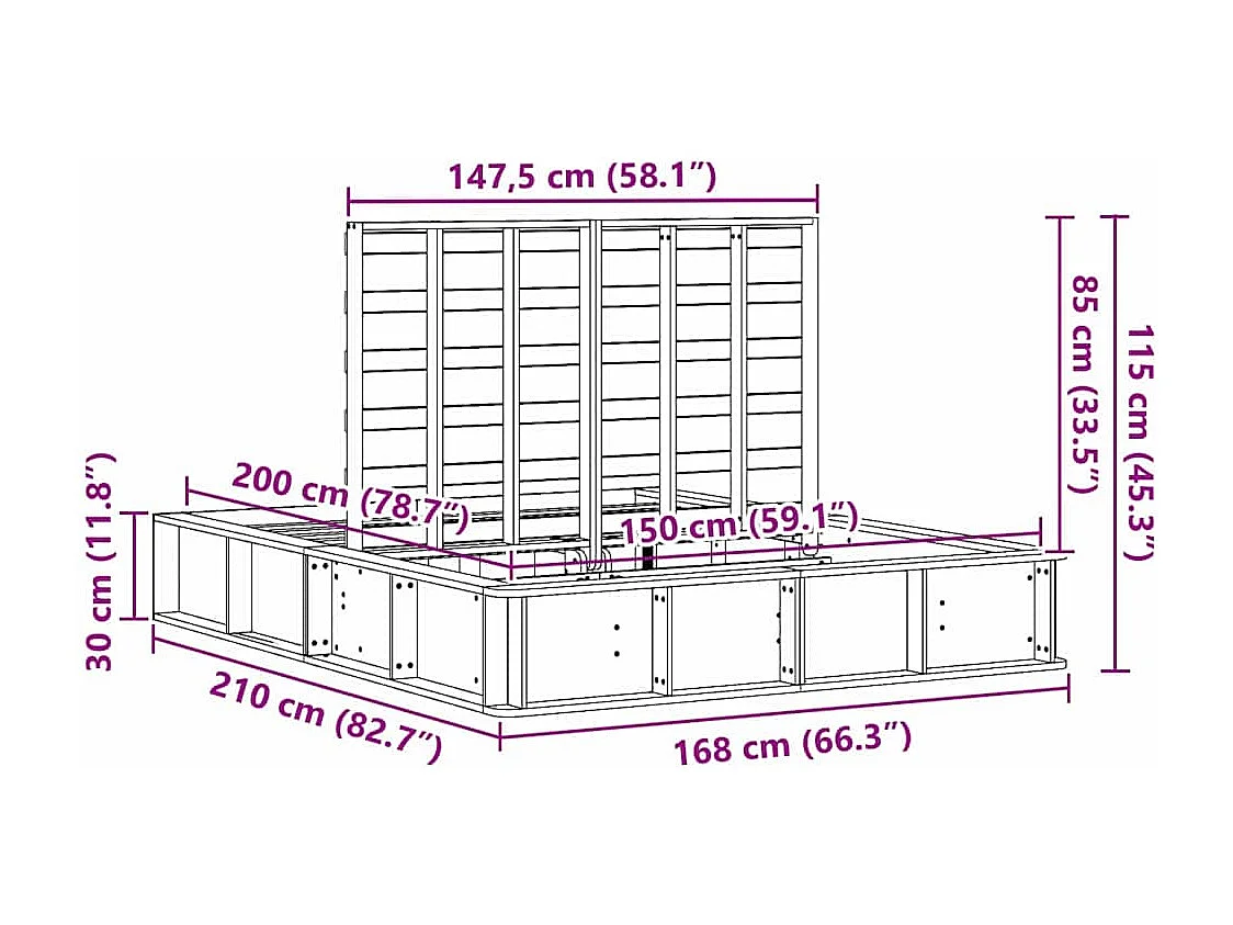 Lit double | Lit adulte | Cadre de lit avec rangement intégré - 150x200 cm en pin massif