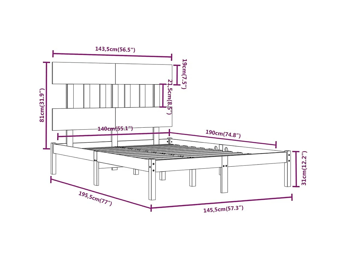 Lit double | Lit adulte | Cadre de lit noir 140x190 cm bois massif