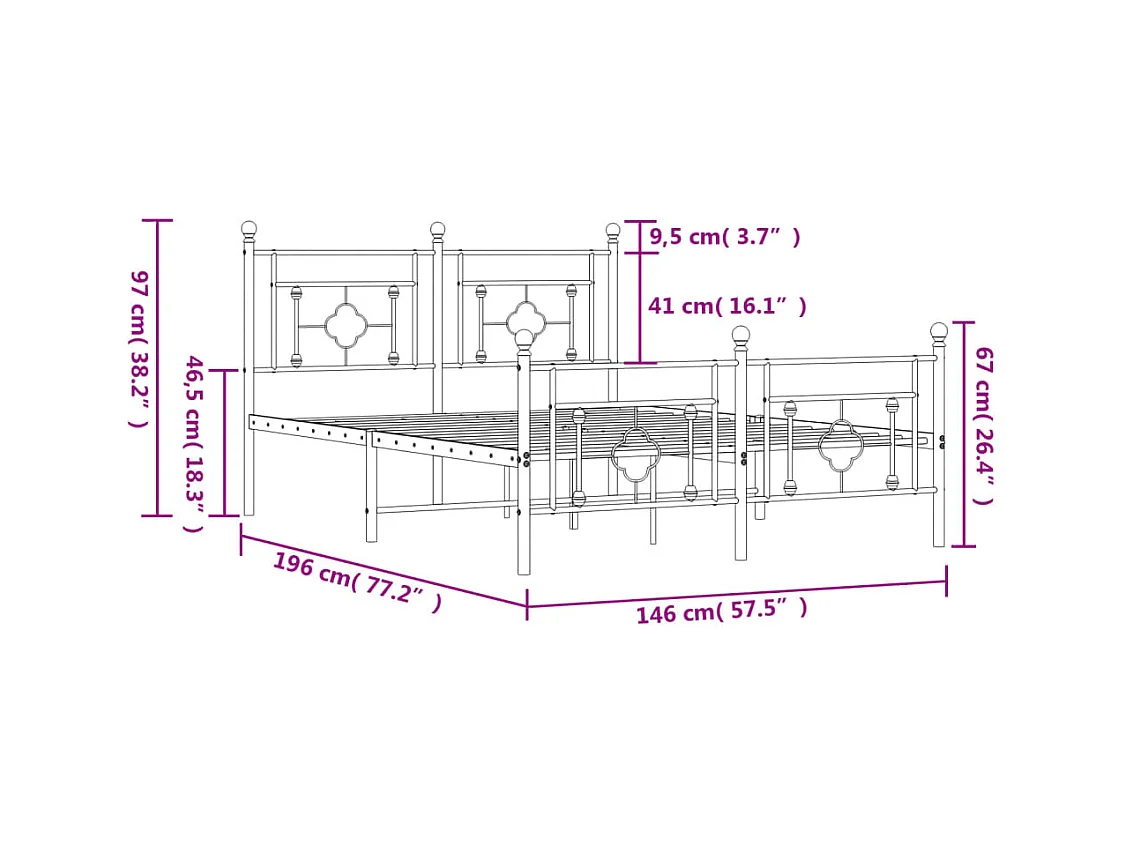 Lit double | Lit adulte | Cadre de lit métal avec pied de lit noir 140x190cm