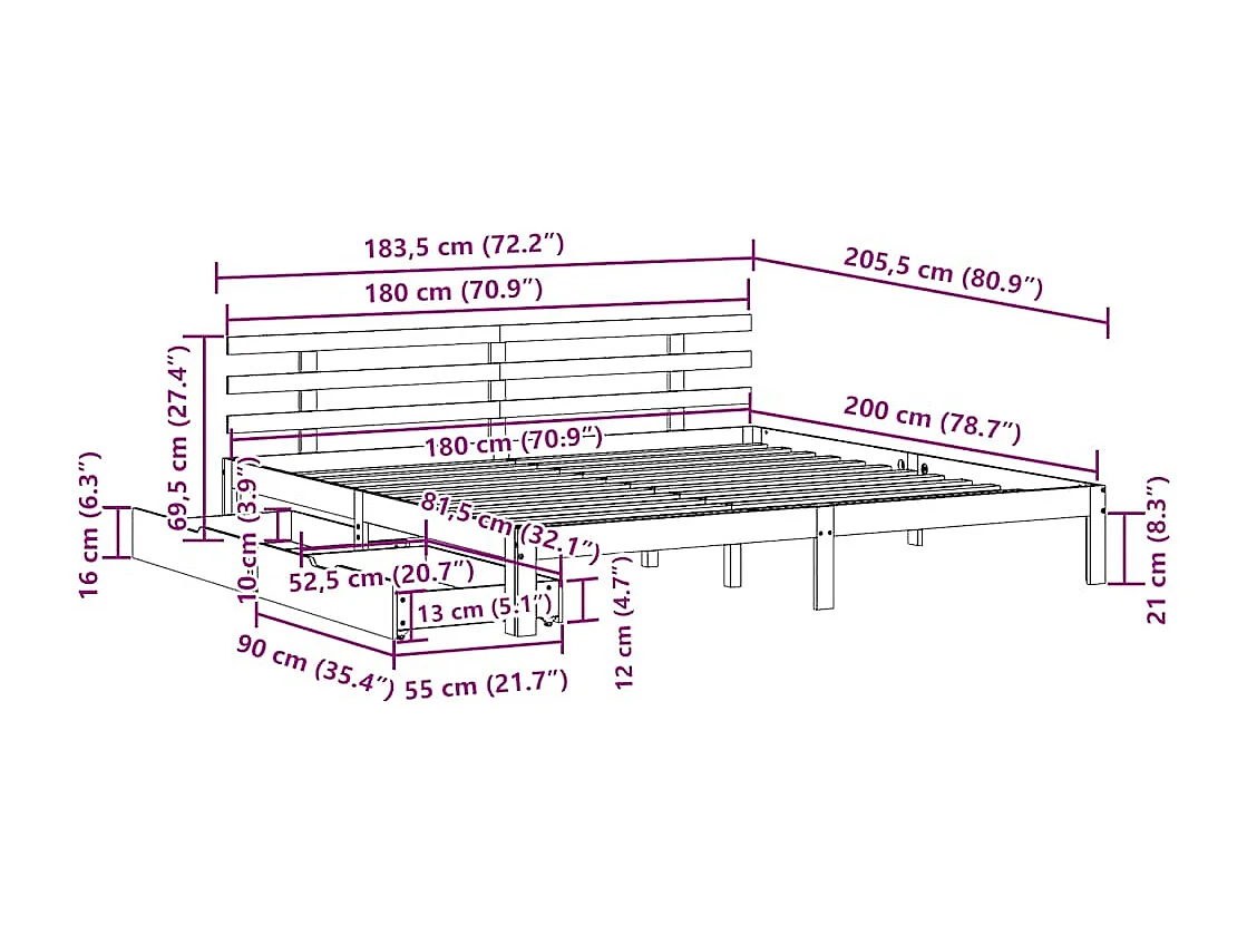 Lit double | Lit adulte | Cadre de lit avec tiroirs 180x200 cm
