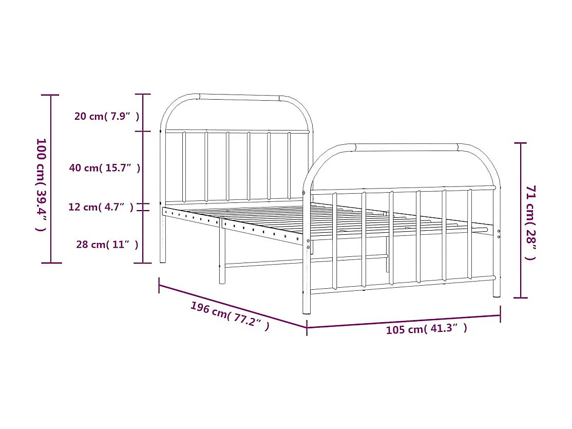 Lit simple | Lit adulte, enfant | Cadre de lit métal avec pied de lit noir 100x190cm