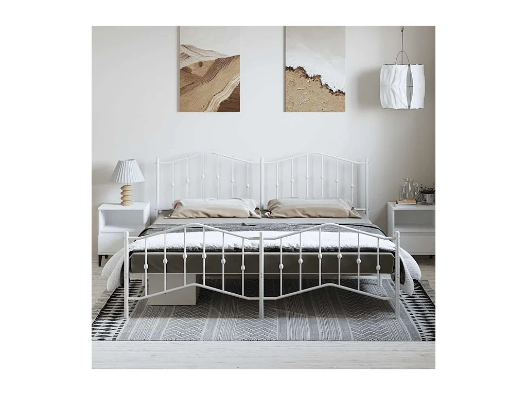 Lit double | Lit adulte | Cadre de lit métal et pied de lit blanc 183x213 cm
