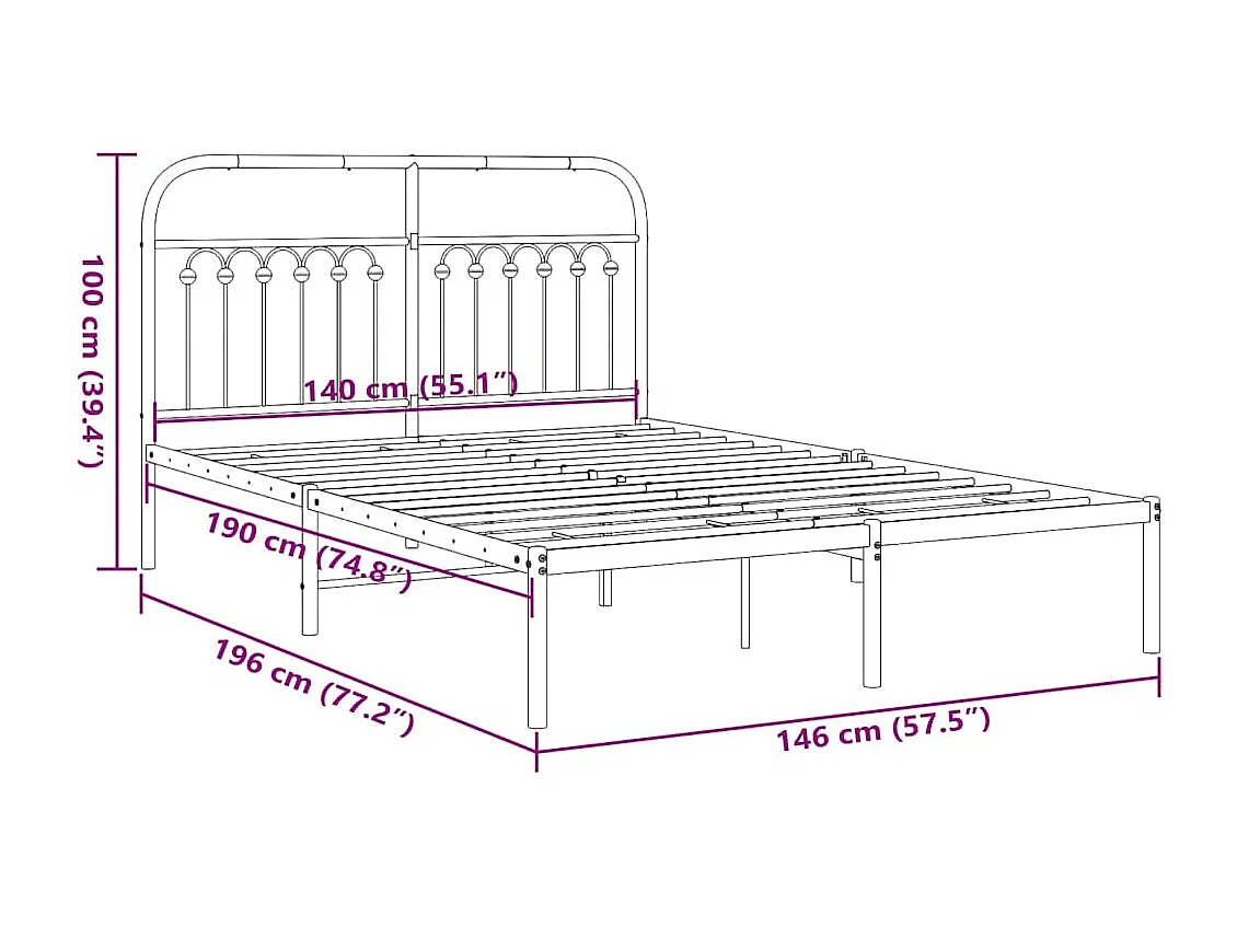 Bedframe | Tweepersoonsbed met hoofdbord metaal zwart 140x190 cm