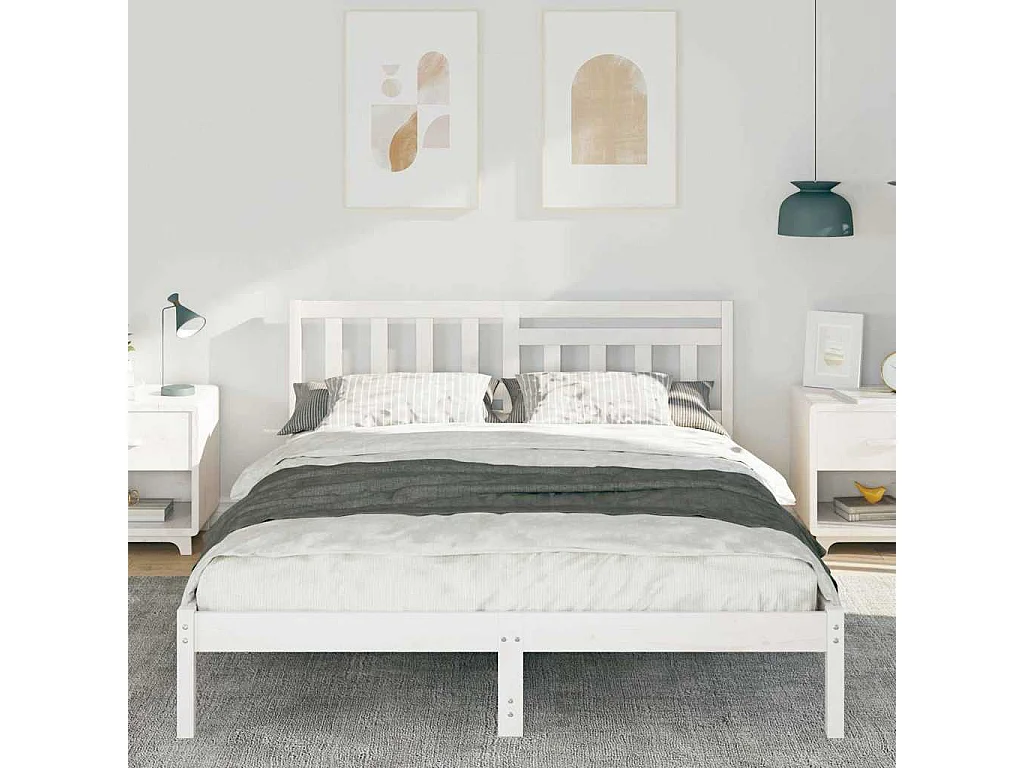 Lit double | Lit adulte | Cadre de lit Blanc 150x200 cm Bois massif en pin