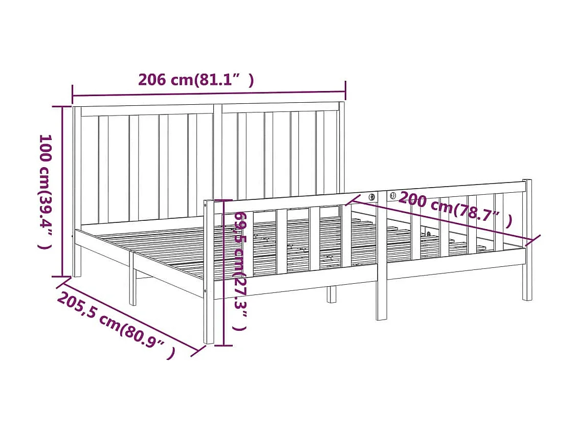 Bedframe | Tweepersoonsbed massief grenenhout zwart 200x200 cm