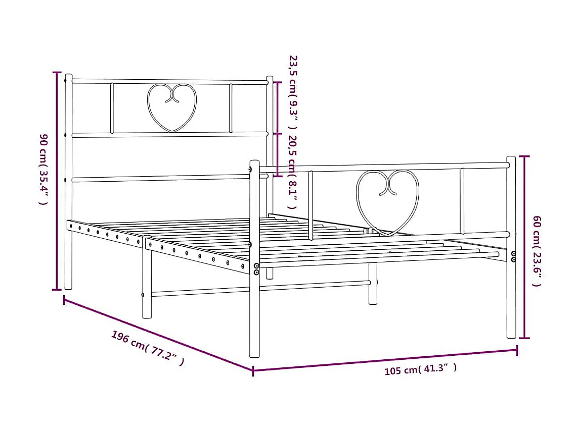 Lit simple | Lit adulte, enfant | Cadre de lit métal avec pied de lit noir 100x190cm