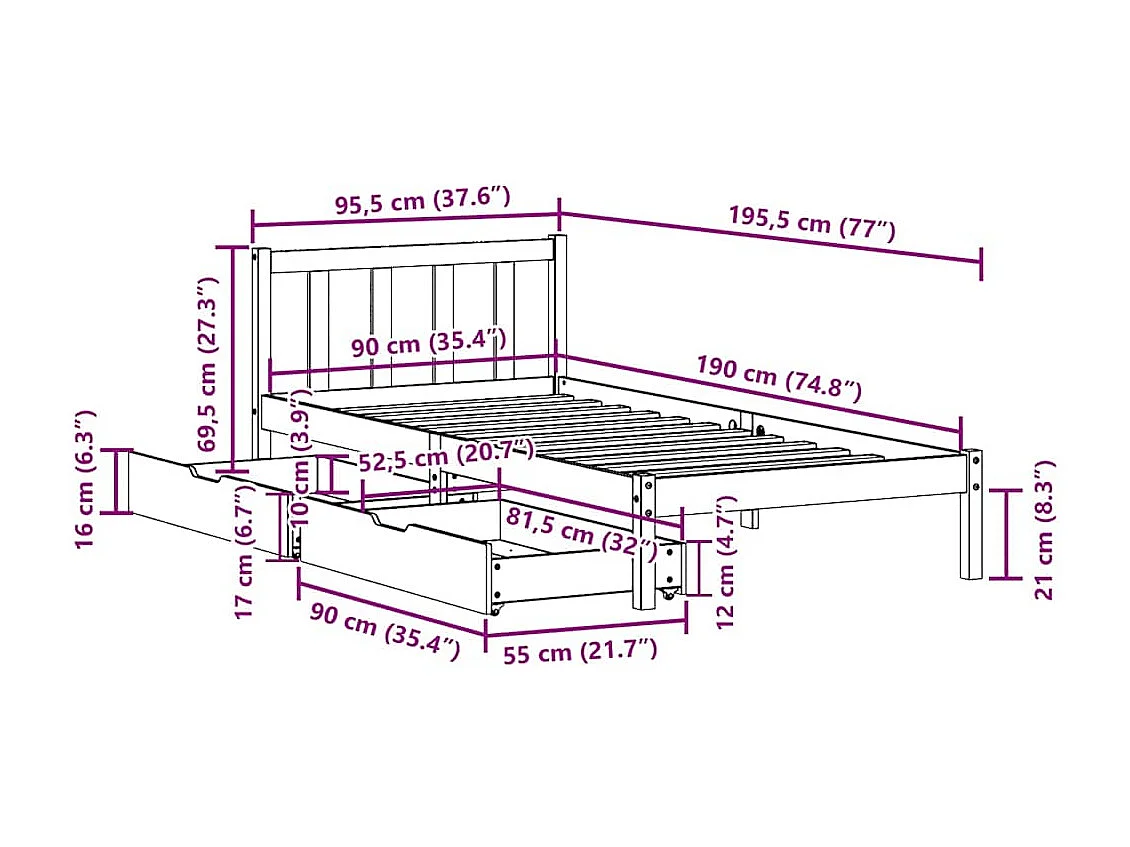 Lit simple | Lit adulte, enfant | Cadre de lit blanc 90x190 cm bois de pin massif