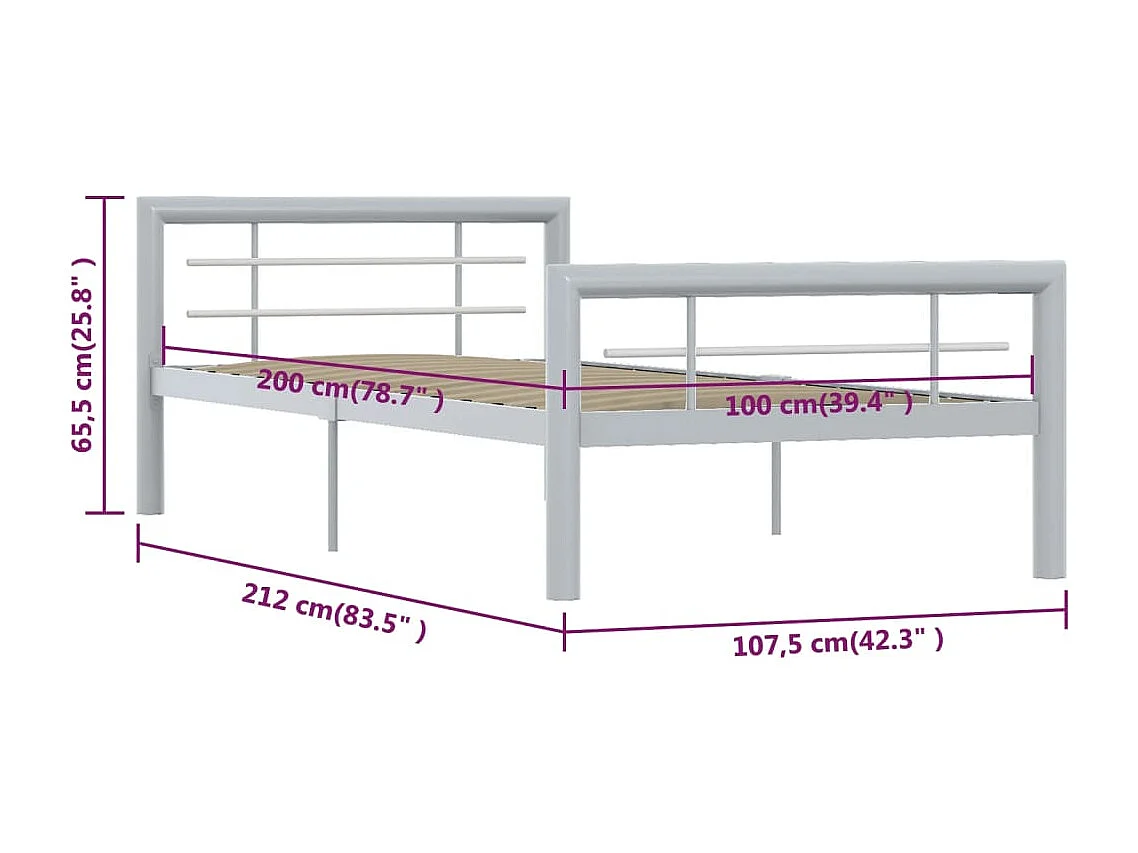 Lit simple | Lit adulte, enfant | Cadre de lit gris et blanc métal 100x200 cm