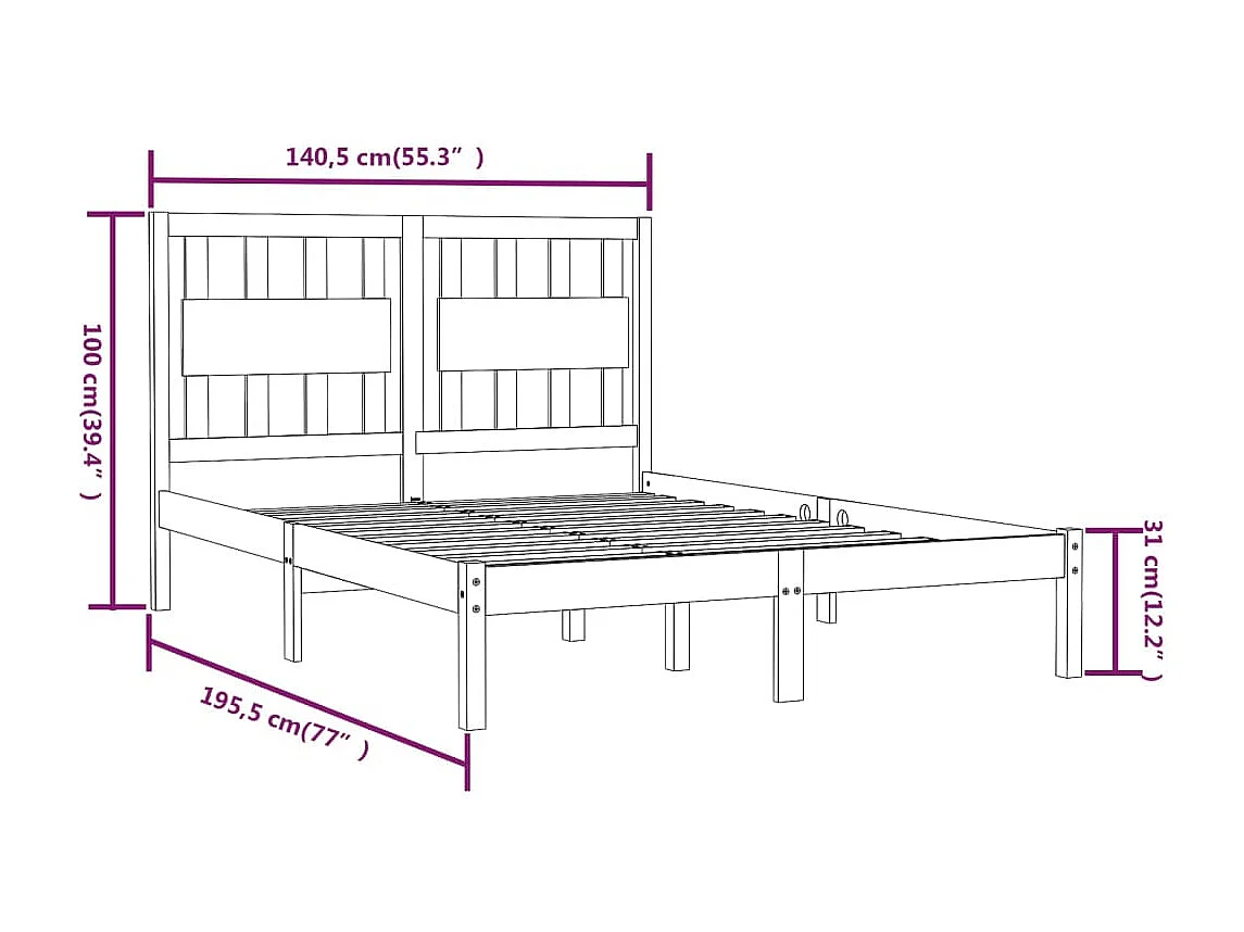 Lit double | Lit adulte | Cadre de lit blanc bois massif 135x190 cm