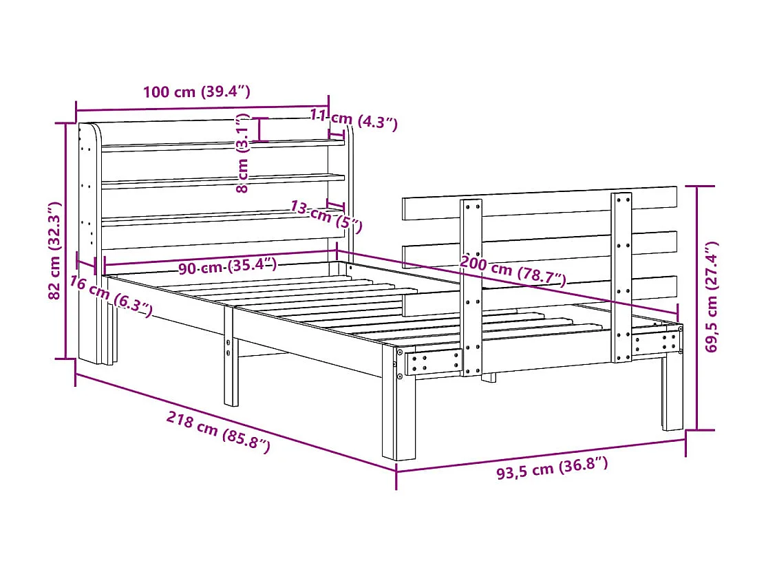 Letto per adulti | Letto singolo | Giroletto con Testiera 90x200 cm in Legno Massello di Pino