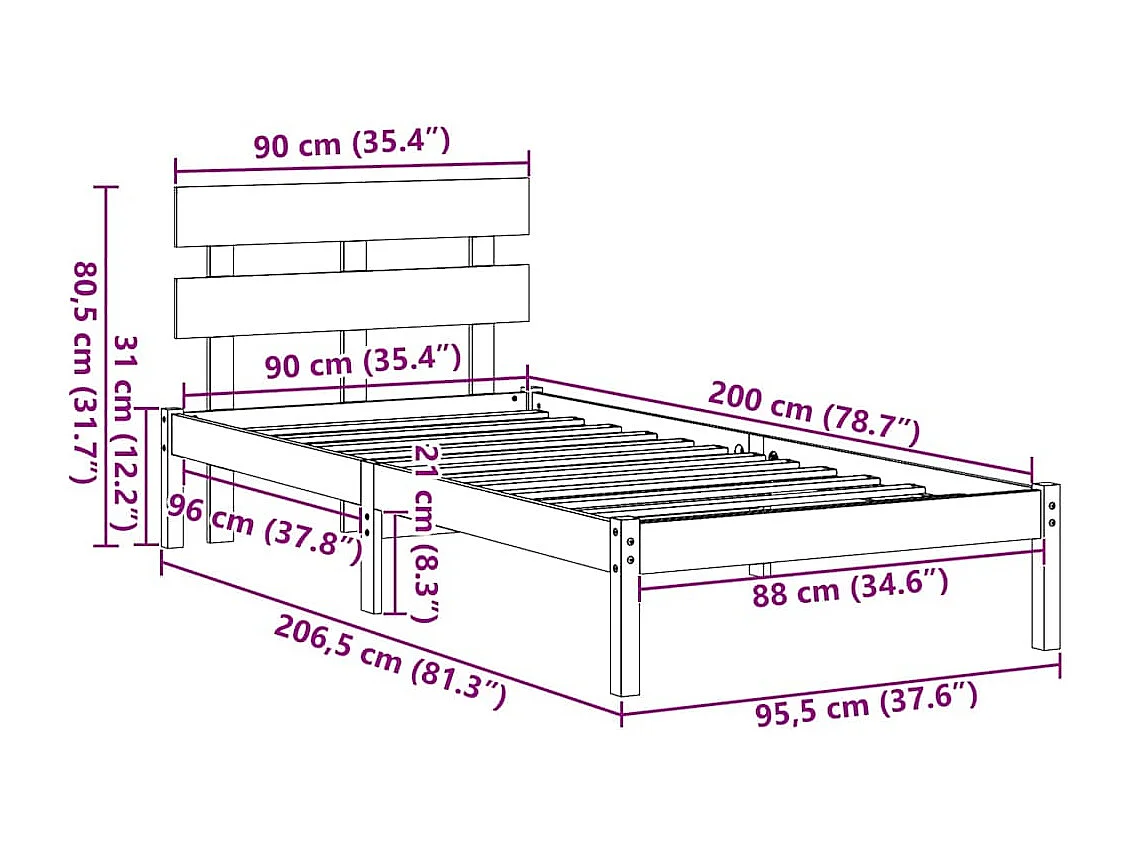 Lit simple | Lit adulte, enfant | Cadre de lit Blanc 90x200 cm Bois de pin massif