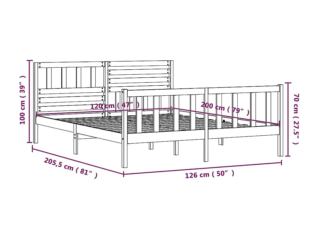 Lit simple | Lit adulte, enfant | Cadre de lit blanc bois massif 120x200 cm