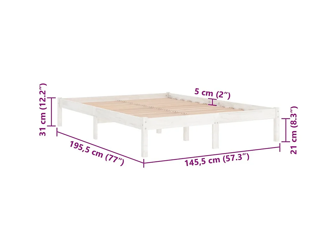 Lit double | Lit adulte | Cadre de lit blanc bois massif 140x190 cm