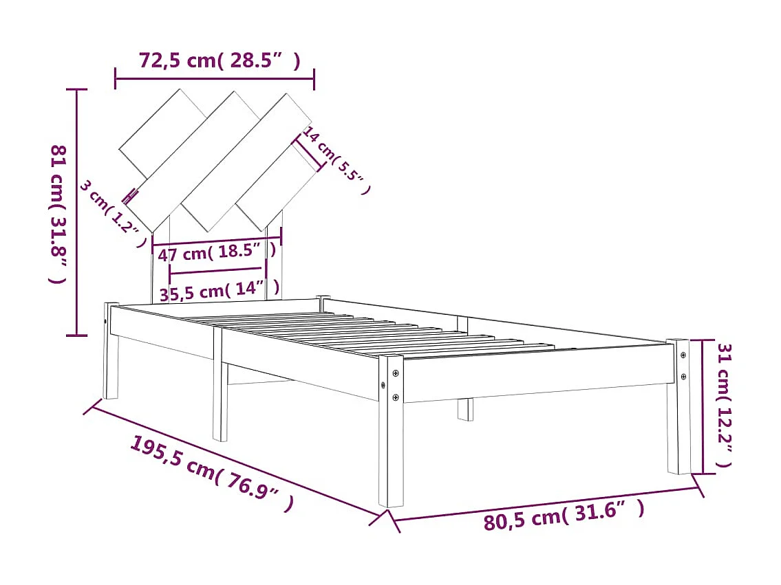 Lit simple | Lit adulte, enfant | Cadre de lit noir 75x190 cm bois massif