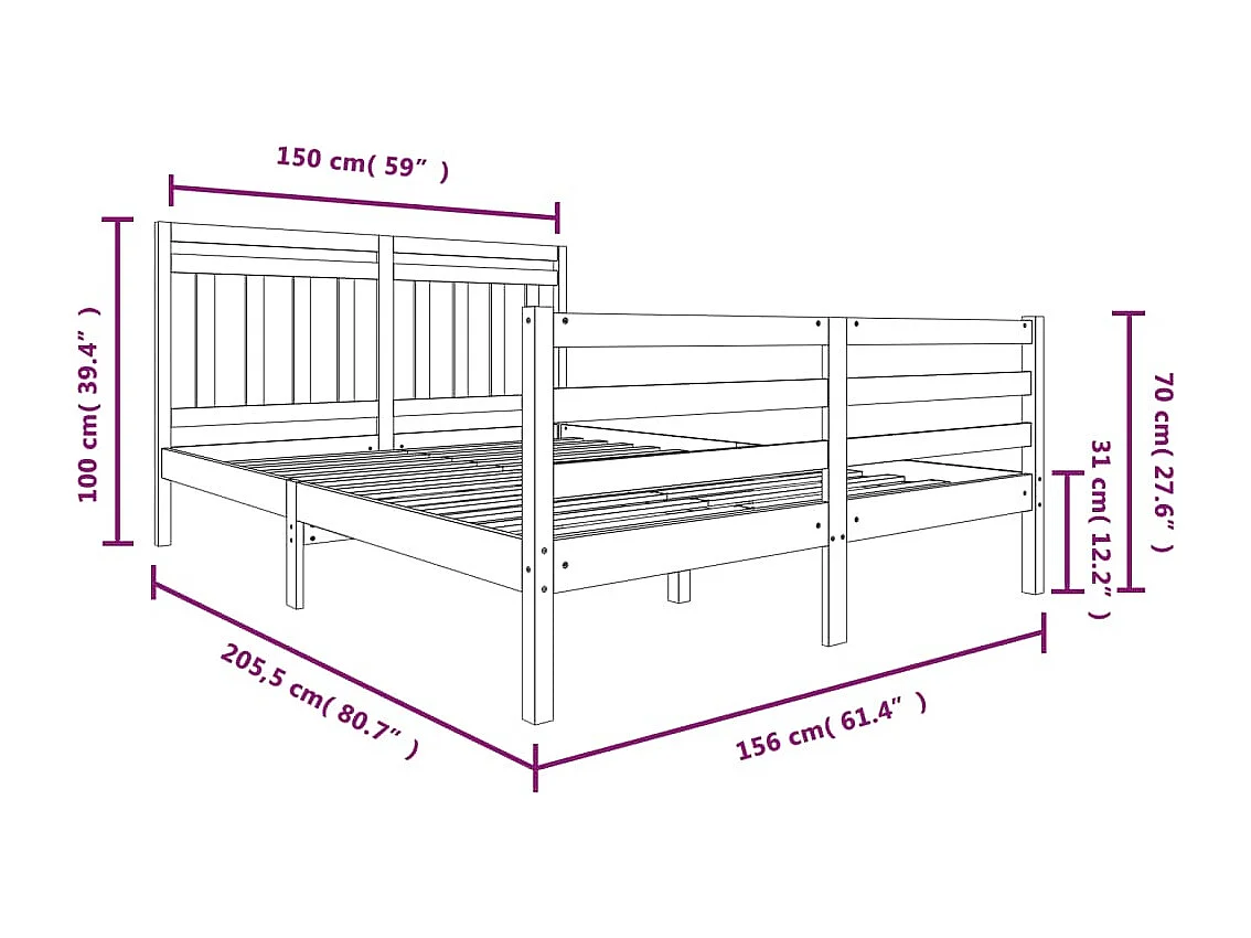 Lit double | Lit adulte | Cadre de lit bois massif 150x200 cm
