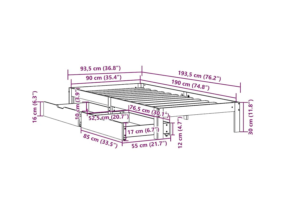 Letto per adulti | Letto singolo | Giroletto con Cassetti 90x190 cm in Legno Massello di Pino