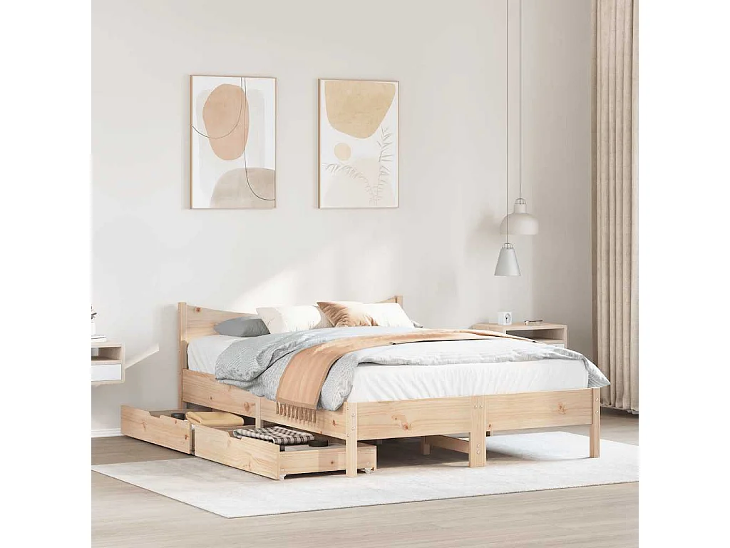 Lit double | Lit adulte | Cadre de lit avec tiroirs 135x190 cm Bois de pin massif
