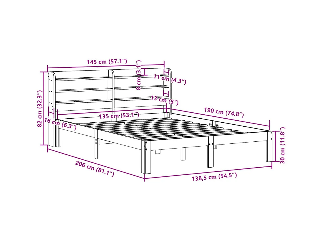 Letto per adulti | Letto matrimoniale | Giroletto con Testiera Bianco 135x190 cm Legno Massello di Pino