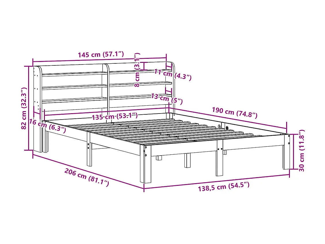 Letto per adulti | Letto matrimoniale | Giroletto con Testiera Bianco 135x190 cm Legno Massello di Pino