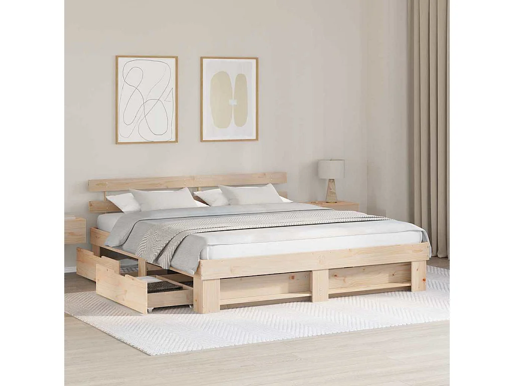 Lit double | Lit adulte | Cadre de lit avec tiroir Marron 200x200 cm Bois massif en pin