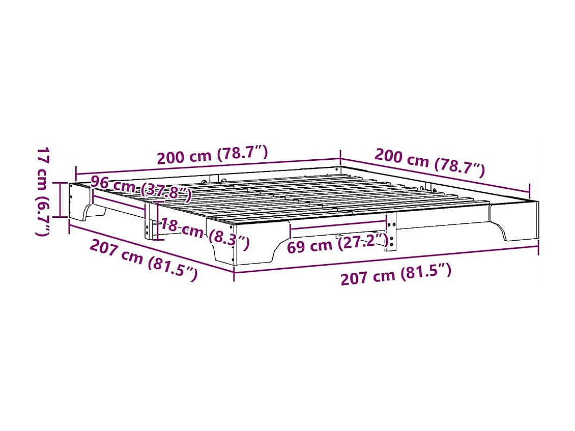 Lit double | Lit adulte | Cadre de lit 200x200 cm en bois de pin massif