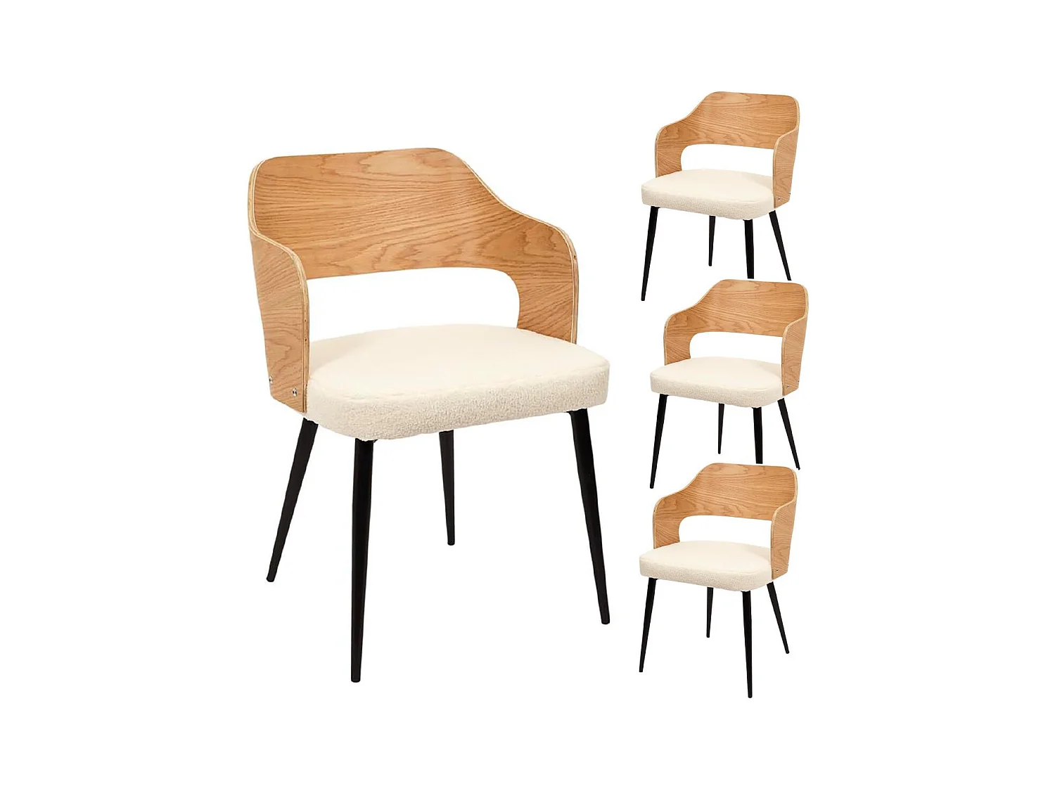 KILPA - Lot de 4 Fauteuils Bois et Métal Assise en Tissu Bouclettes