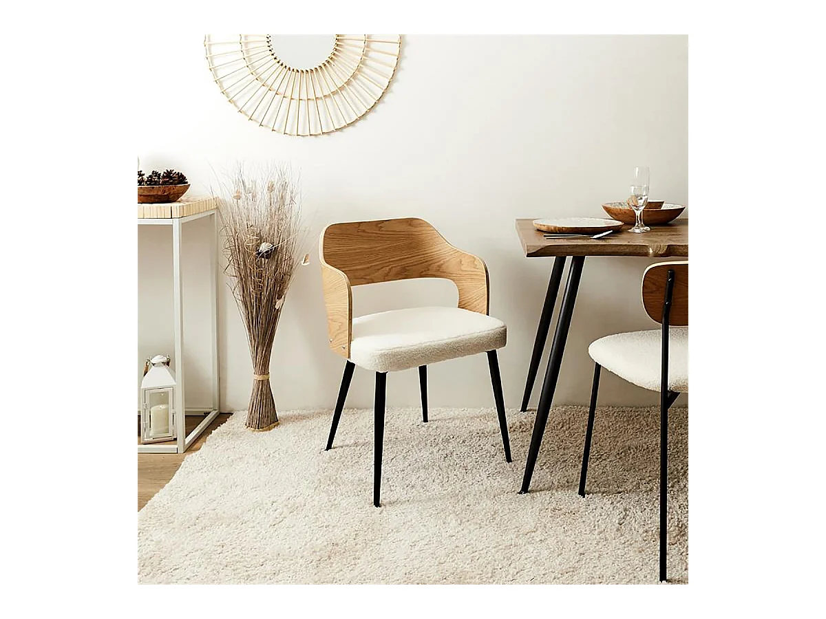 KILPA - Lot de 4 Fauteuils Bois et Métal Assise en Tissu Bouclettes