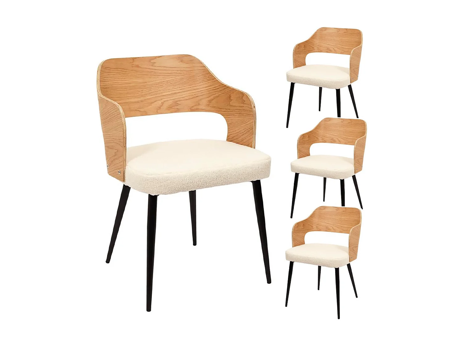 KILPA - Lot de 4 Fauteuils Bois et Métal Assise en Tissu Bouclettes