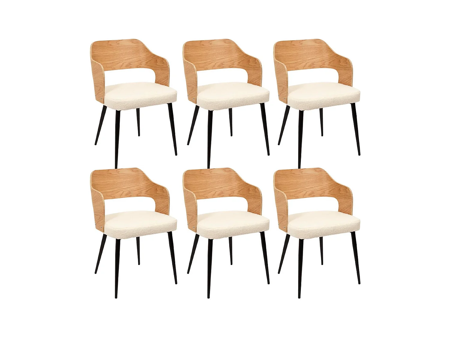 KILPA - Lot de 6 Fauteuils Bois et Métal Assise en Tissu Bouclettes