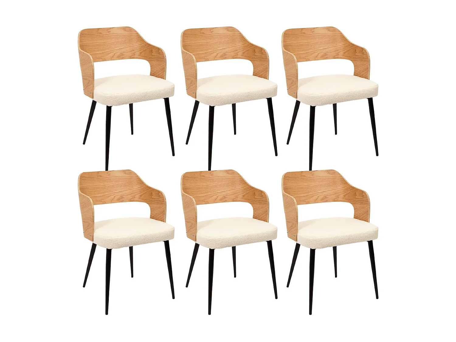 KILPA - Lot de 6 Fauteuils Bois et Métal Assise en Tissu Bouclettes