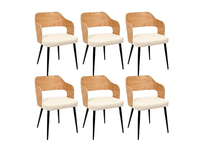 KILPA - Lot de 6 Fauteuils Bois et Métal Assise en Tissu Bouclettes