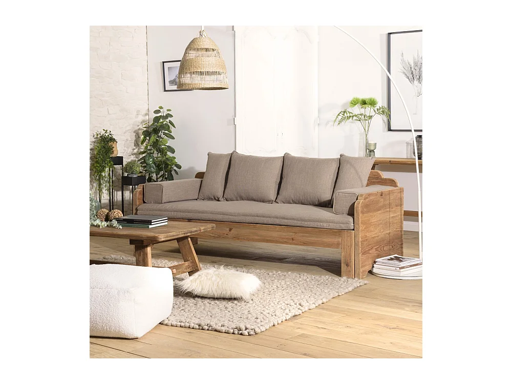 SANDY - Canapé-lit bois Pin recyclé 3 places avec coussins