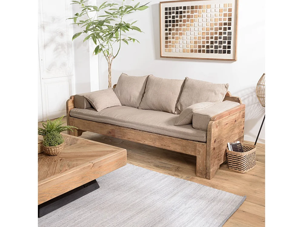 SANDY - Canapé-lit bois Pin recyclé 3 places avec coussins