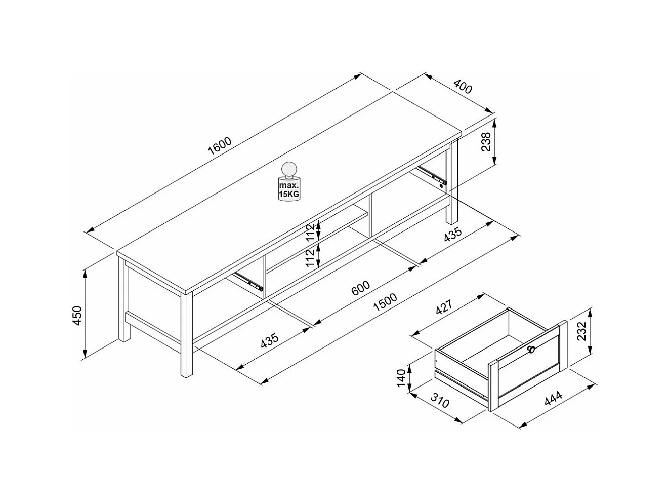 TV-Möbel mit 2 Schubladen L160 cm - Dekor Weiß - Bergen