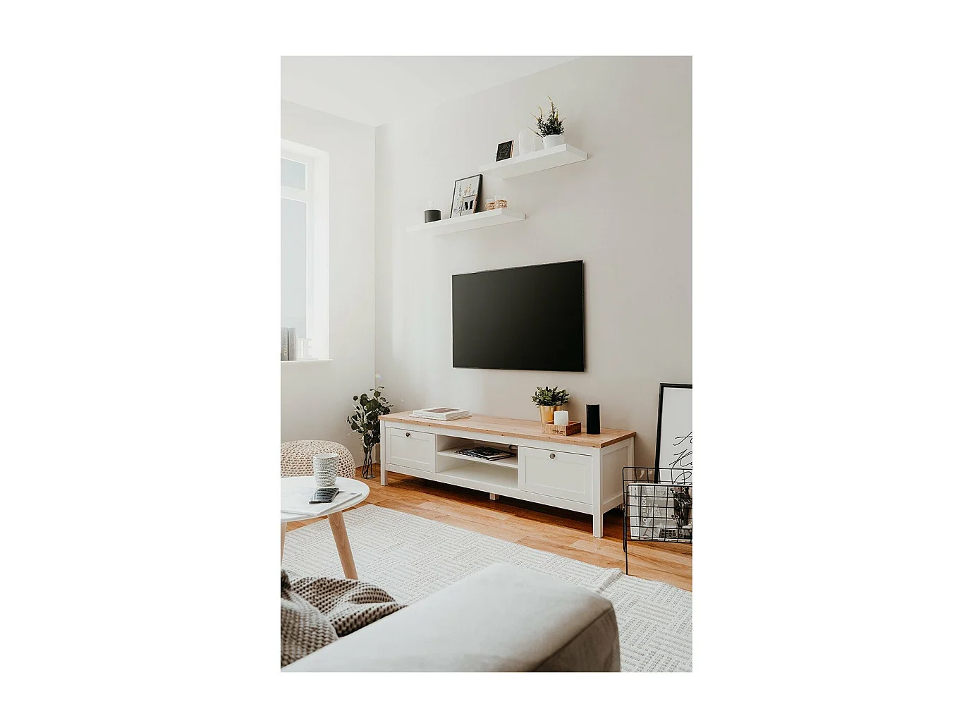 Meuble TV 2 tiroirs L160 cm - Décor Blanc - BERGEN