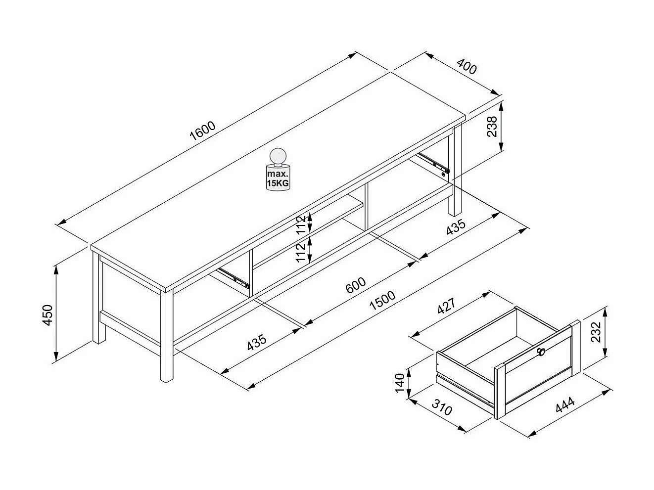 Meuble TV 2 tiroirs L160 cm - Décor Blanc - BERGEN