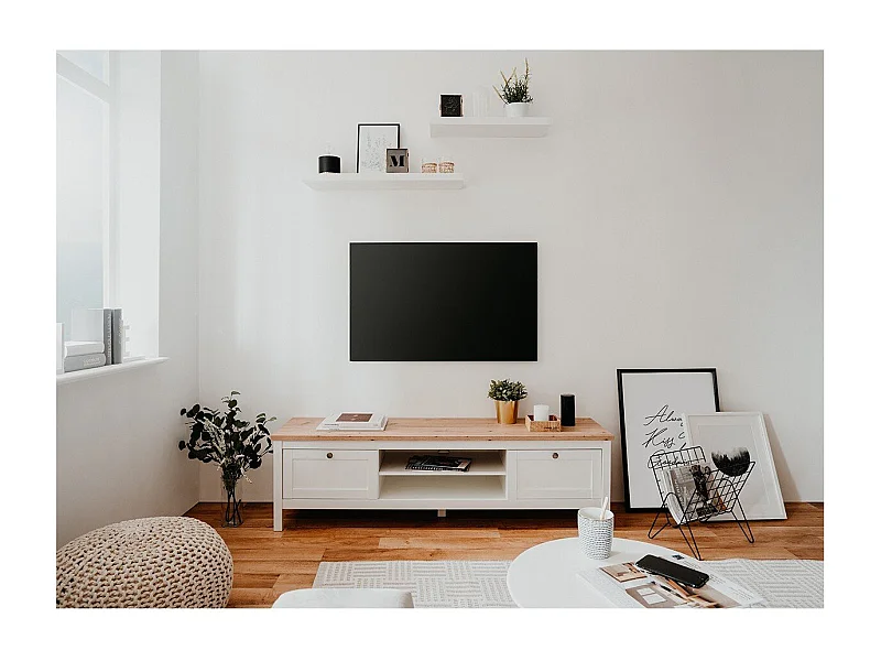 Meuble TV 2 tiroirs L160 cm - Décor Blanc - BERGEN