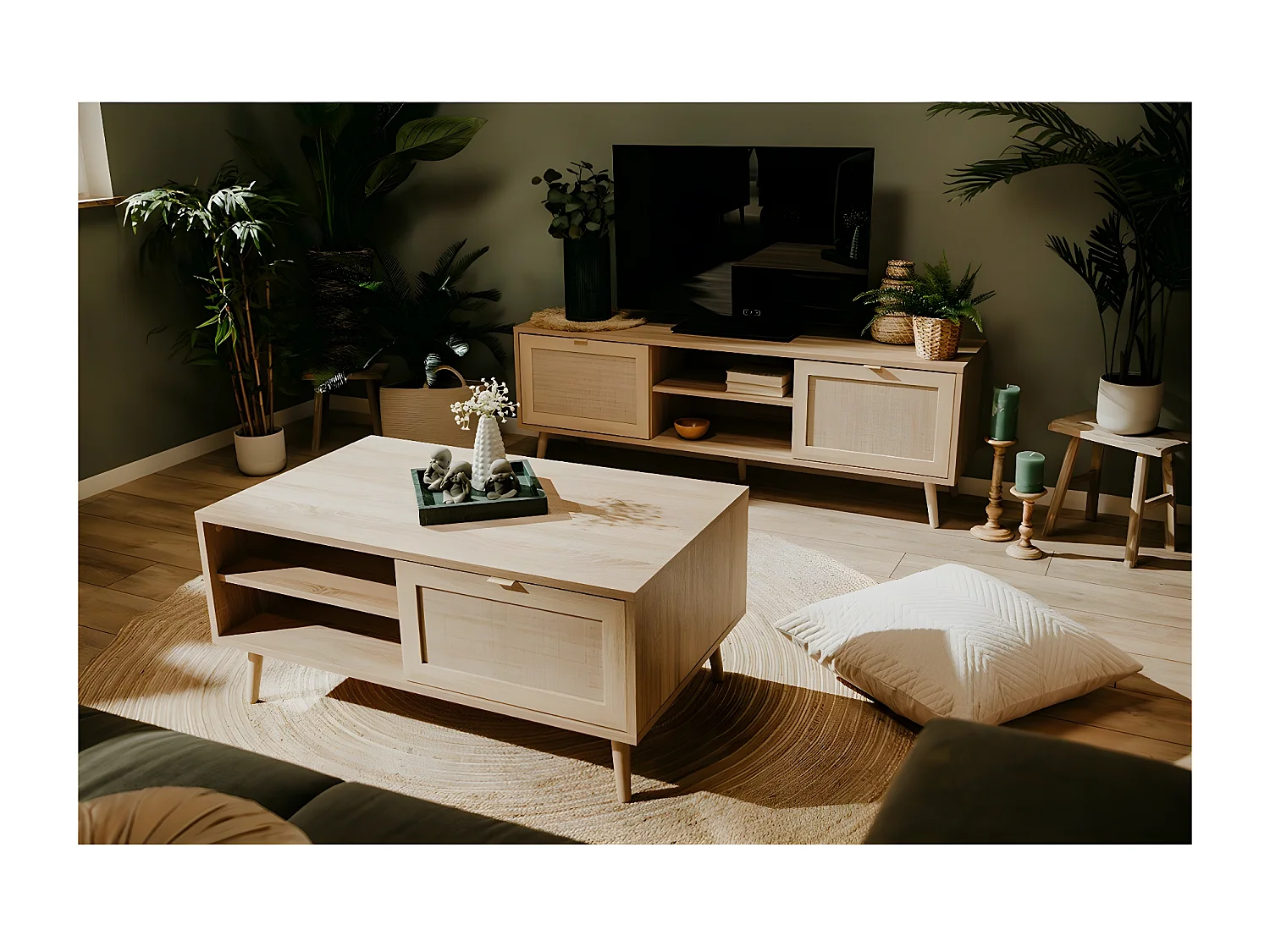 Tavolino basso 2 nicchie L100 cm - Stampa effetto rattan