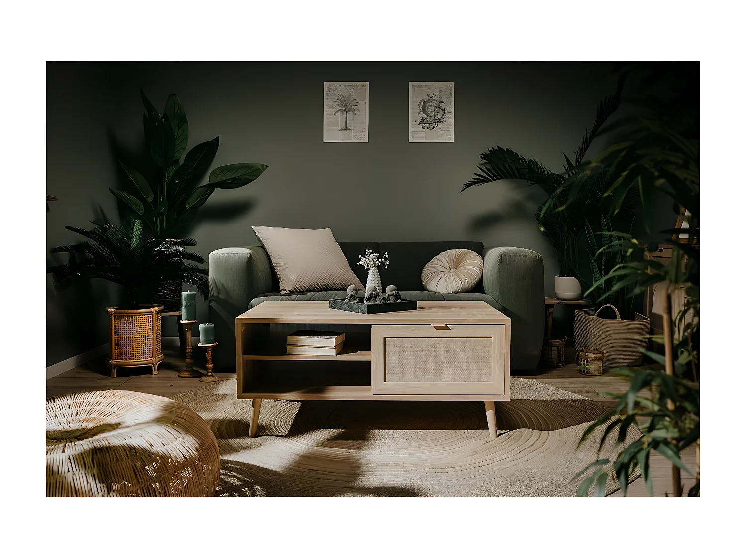 Tavolino basso 2 nicchie L100 cm - Stampa effetto rattan